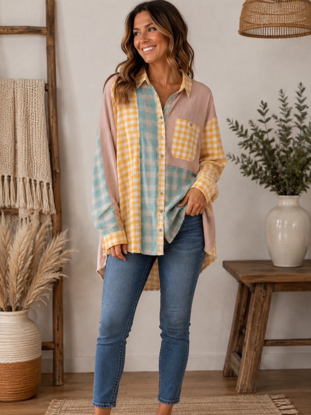 Women’s Patchwork Button-Down Shirt in Yellow, Mint & Pink